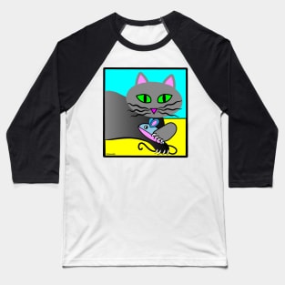 Grey Cat with Catnip Mouse Baseball T-Shirt